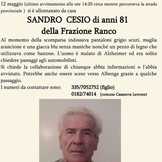 Anziano 81enne disperso a Casanova Lerrone: continuano le ricerche