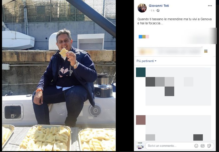 La "frecciata" di Toti al Conte-bis: "Che tassino le merendine, noi liguri abbiamo la focaccia"