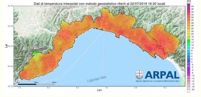 Nell'immagine la cartina con la distribuzione delle temperature alle ore 16.30 che evidenzia valori particolarmente elevati nelle zone interne della regione