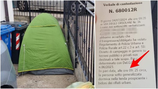 Loano, in tenda tra i bidoni della spazzatura: sanzionato dalla Polizia Locale