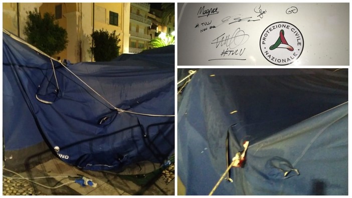 Finale, vandalizzata la tenda della Protezione Civile: a salvarla il sistema di sicurezza