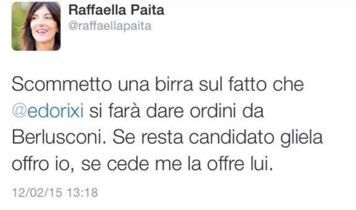 Raffaella Paita la profeta:"Scommetto una birra che @edorixi si farà dare ordini da Berlusconi" Raffaella Paita la profeta:"Scommetto una birra che @edorixi si farà dare ordini da Berlusconi"