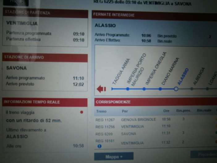 La posizione e di tempi di percorrenza del treno regionale n.6225 sul sito di Trenitalia;