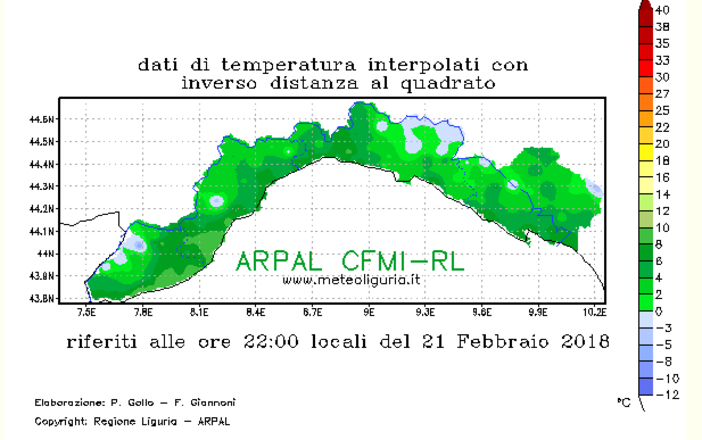 Nell'immagine la fotografia delle temperature in Liguria alle ore 22