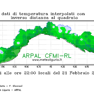Nell'immagine la fotografia delle temperature in Liguria alle ore 22