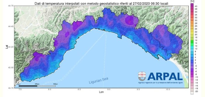 Nell'immagine la cartina con la distribuzione delle temperature alle ore 6.30 Nell'immagine la cartina con la distribuzione delle temperature alle ore 6.30