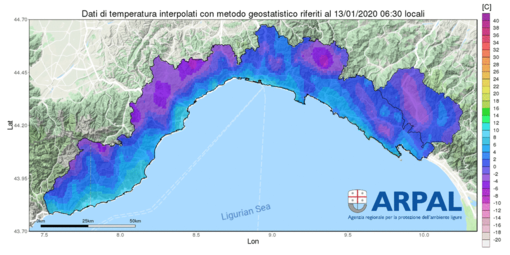 Nell’immagine la cartina con la distribuzione delle temperature alle ore 6.30 Nell’immagine la cartina con la distribuzione delle temperature alle ore 6.30