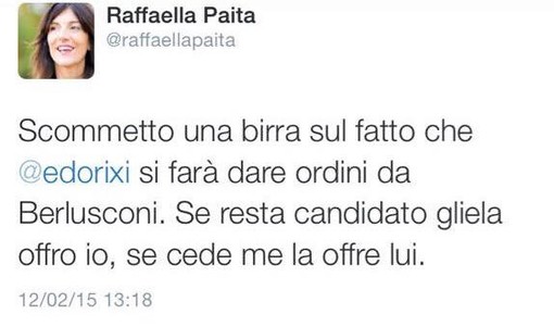 Raffaella Paita la profeta:"Scommetto una birra che @edorixi si farà dare ordini da Berlusconi" Raffaella Paita la profeta:"Scommetto una birra che @edorixi si farà dare ordini da Berlusconi"