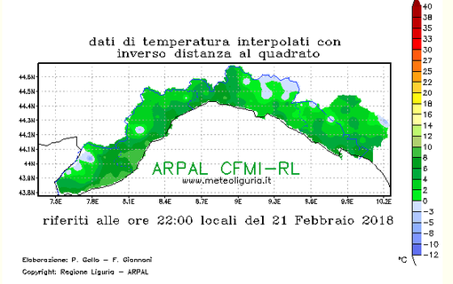 Nell'immagine la fotografia delle temperature in Liguria alle ore 22