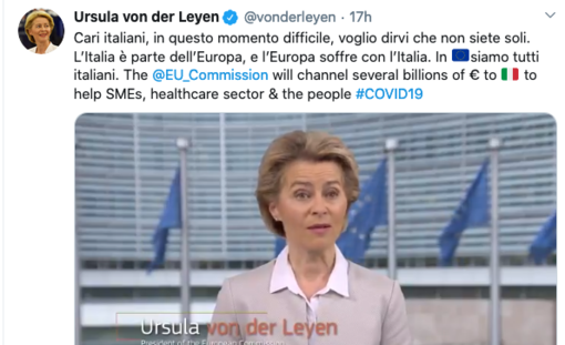 Coronavirus, Ursula von der Leyen (presidente commissione Ue): &quot;Siamo vicini all'Italia, in questo momento in Europa siamo tutti italiani&quot;