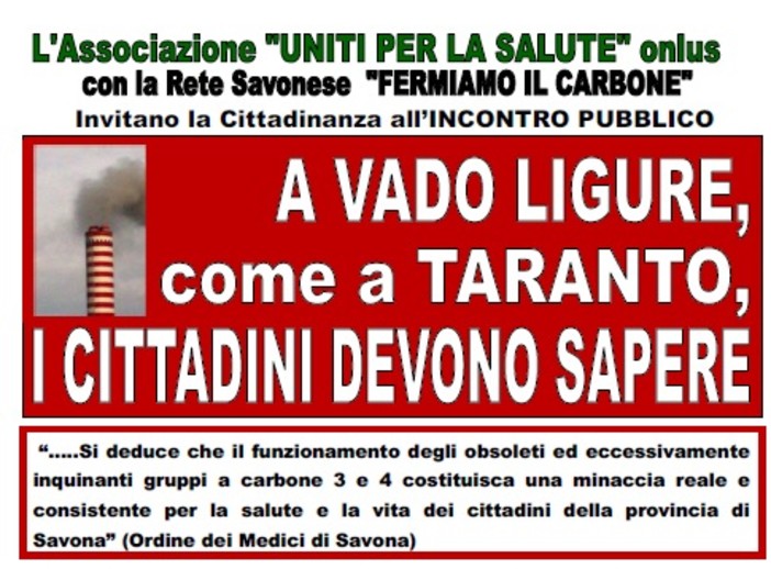 &quot;A Vado Ligure, come a Taranto, i cittadini devono sapere&quot;. Incontro pubblico stasera a Valleggia ore 21