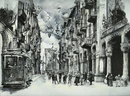 Immagine: Stefania Salvadori, Via Paleocapa, inchiostro su carta tinta, cm. 30 x 30 Immagine: Stefania Salvadori, Via Paleocapa, inchiostro su carta tinta, cm. 30 x 30