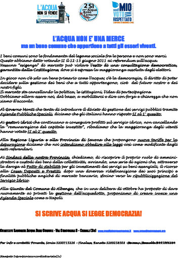 Forum Italiano dei Movimenti per l'Acqua, banchetti in tutta la provincia Forum Italiano dei Movimenti per l'Acqua, banchetti in tutta la provincia