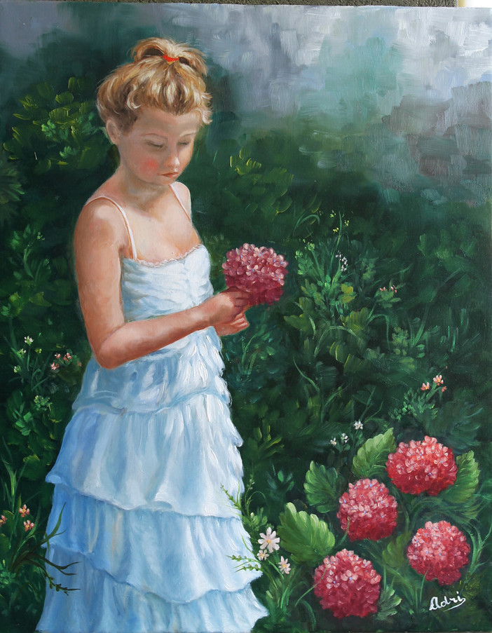 Adriana Podestà, Ragazza con ortensia, 2015, olio su tela, cm. 50 x 40