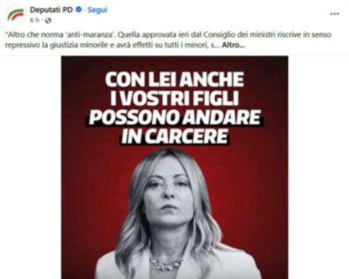 "Con Meloni i vostri figli possono andare in carcere": lo slogan choc del Pd sulla giustizia. La premier: "Italia più sicura per chi non commette reati" "Con Meloni i vostri figli possono andare in carcere": lo slogan choc del Pd sulla giustizia. La premier: "Italia più sicura per chi non commette reati"
